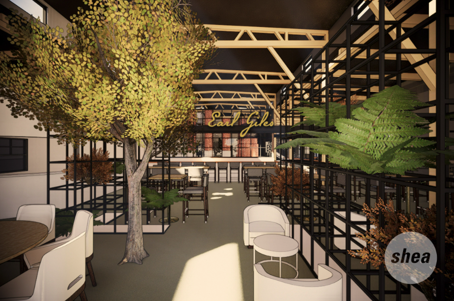 A 3D rendering of the Earl Giles seating area in the distillery